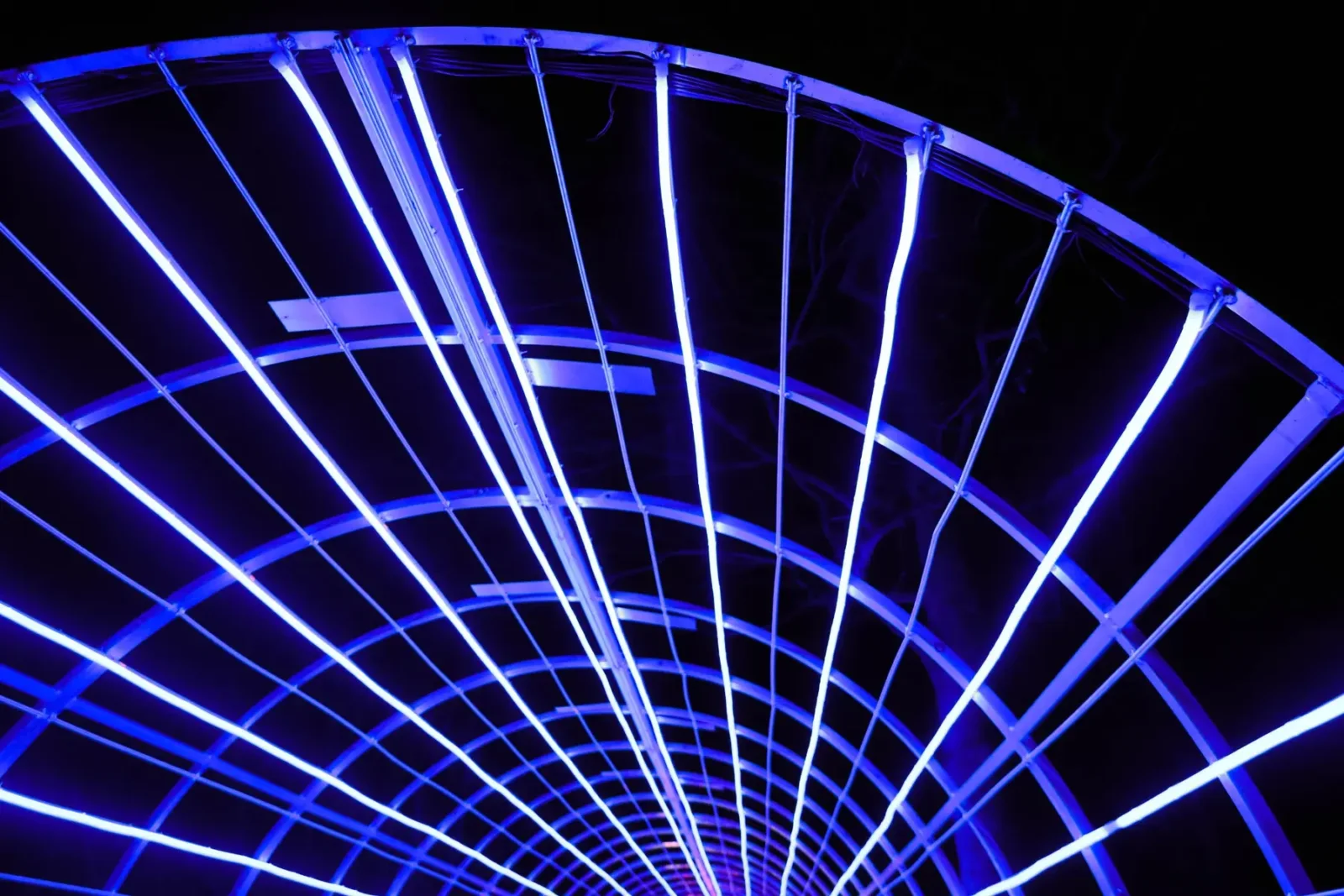 Blau leuchtende, geschwungene Konstruktion bei Nacht